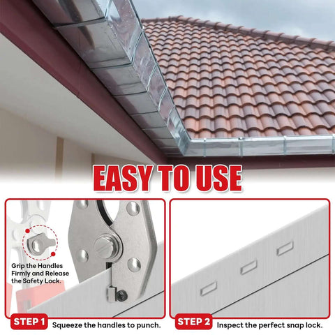 Steps showing how to use a locking punch notcher for sheet metal with three eighths inch wide throat on a gutter.