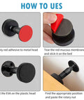 Black Adjustable Bed Frame Stabilizers With No Sweat Mounts For Quiet Sleep And Wall Protection showing installation steps on adhesive parts.