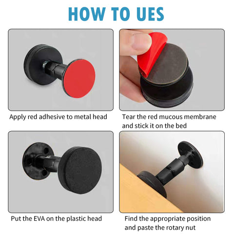 Black Adjustable Bed Frame Stabilizers With No Sweat Mounts For Quiet Sleep And Wall Protection showing installation steps on adhesive parts.