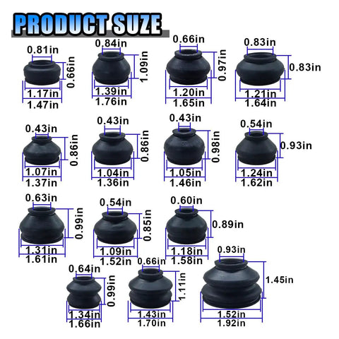 14 Piece Tie Rod End Boots Set For Automotive Steering, Heavy Duty Rubber Dust Covers For Ball Joints, Flexible Fit, High Temp And Wear Resistant Seals, Easy Install, Keeps Your Ride Smooth And Protected., 14 rubber boots with size chart