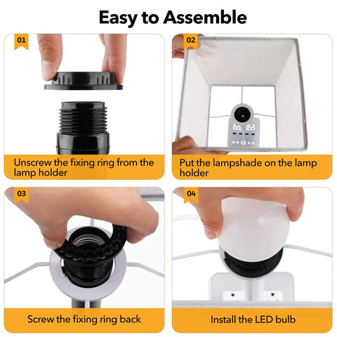 All In One Bedside Lamp With 4 USB Ports And AC Outlets, Alarm Clock Base, assembly steps with lampshade and bulb installation.