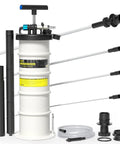 Garage Ready 6.5 Liter Manual And Pneumatic Oil Fluid Extractor Pump With Complete Accessory Kit for vehicle fluid drains. Includes hoses.
