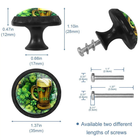 Four Piece Round Cabinet Knobs With Screws For Kids Furniture, Sparkly Drawer Pulls, dimensions and two screw sizes shown