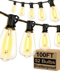 100Ft Outdoor String Lights With 52 Shatterproof Edison Bulbs, warm white glow, hanging outdoors with product box visible.