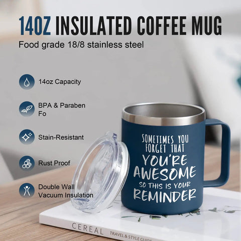 14oz Vacuum Insulated Stainless Steel Coffee Mug For Men With The Message You Are Awesome Daily Motivation Gift For Husband Boyfriend Dad Navy Blue For Everyday Use on table showing its lid and design