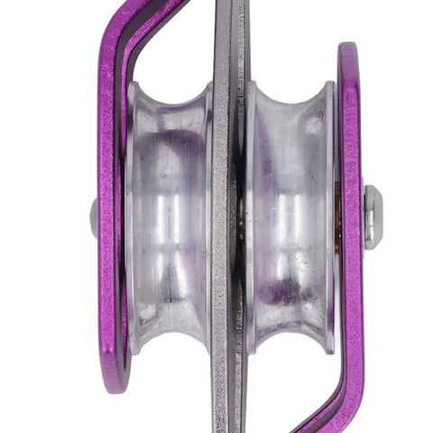Close-up view of the Beefy Outdoor Climbing Rescue Pulley With Swing Plate, 32KN Capacity, showing aluminum magnesium alloy construction.