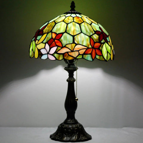 Classic Tiffany Style Table Lamp With Stained Glass Shade, 12 Inch Wide And 19 Inch Tall, Antique Bronze Base, UL Listed Cozy Reading Light With Pull Chain, Red Green Floral Pattern