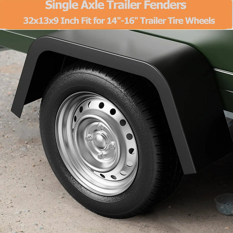 Beefy 14 Gauge Steel Trailer Fenders 2 Pack For Single Axle Trailers Fits 14 To 16 Inch Tires 32 X 13 X 9 In Black Fender Guards