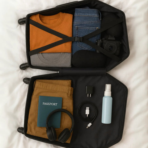 Open Coffin Shaped Carry On Luggage With Lock 26 Point 5 Inch Gothic Hard Shell Spinner Suitcase In Black packed with clothing and accessories