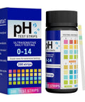 Box and bottle of PH Test Strips Kit 0 To 14 With 200 Strips For Liquid Testing Drinking Water Saliva Aquariums Labs And Soap Making