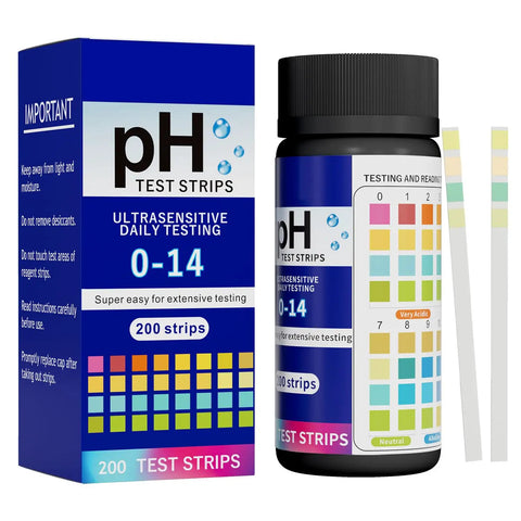 Box and bottle of PH Test Strips Kit 0 To 14 With 200 Strips For Liquid Testing Drinking Water Saliva Aquariums Labs And Soap Making