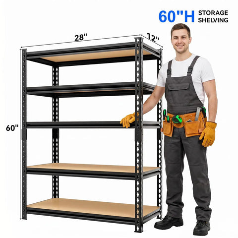 5 Tier Beefy Heavy Duty Metal Storage Shelving Rack With Adjustable Shelves, 3000 Lb Total Capacity, 60 Inch High, 28 Inch Wide, 12 Inch Deep, Ideal for Garage, Warehouse, Pantry, Kitchen, and Office, front view