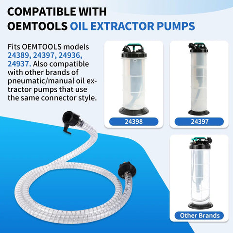 Vacuum Fluid Extractor Hose Kit for Pneumatic or Manual Pumps, 5-Piece Set shown with compatibility details and extractor models