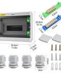 Heavy Duty 12 Way Power Distribution Box With Premium Abs Plastic Enclosure For Home Wiring Diy Setup, includes accessories and measurements.