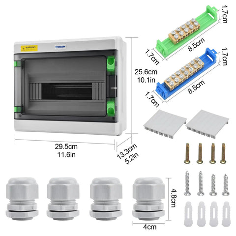 Heavy Duty 12 Way Power Distribution Box With Premium Abs Plastic Enclosure For Home Wiring Diy Setup, includes accessories and measurements.
