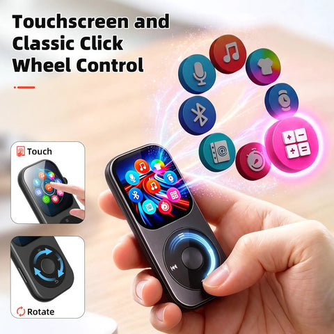 Dope 128GB Bluetooth 5.3 MP3 Player With Built-In Speaker, 2.01-Inch Touchscreen and Rotary Buttons showing controls in hand.