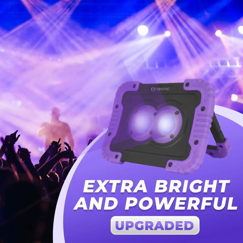 Cordless Rechargeable UV Black Light Flood Lamp 395nm 20W High Power LED at a neon glow party with silhouettes