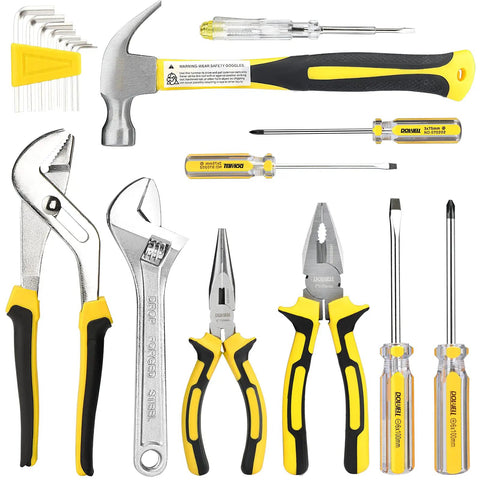 19 Piece Household Tool Kit Set With Pliers Screwdrivers Hex Keys And Wrenches Includes Storage Bag For Easy Home Repairs Pro Grade Durable Chrome Finish And TPR Handles For Comfortable Grip, tools displayed neatly