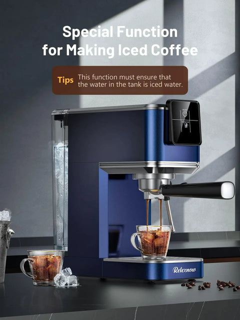 20 Bar Espresso Machine With Auto Milk Frother And Crisp Lcd Screen, Stainless Steel Hot Iced Coffee Maker For Silky Lattes And Bold Macchiatos, No Fuss Kitchen Game Changer making iced coffee with iced water.