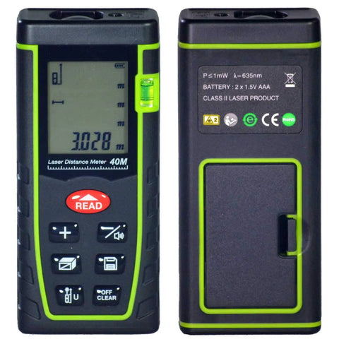 Hella Precise Laser Distance Measuring Kit With Slick Carry Case For Jobsite Tasks, digital laser meter showing measurement.