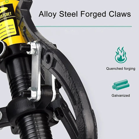 Close-up of alloy steel forged jaws and hydraulic components of the Shop Floor Ready Hydraulic Gear Puller And No Sweat Bearing Remover Kit.