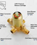Diagram of brushed gold valve showing connectors for Brushed Gold Tub And Shower Faucet Set With Waterfall Spout Wall Mount Shower System.
