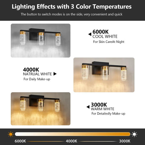 Dope Gold And Black 3 Light Vanity Light with Crystal Bubble Glass Dimmable LED color temp 3000K 4000K 6500K comparison