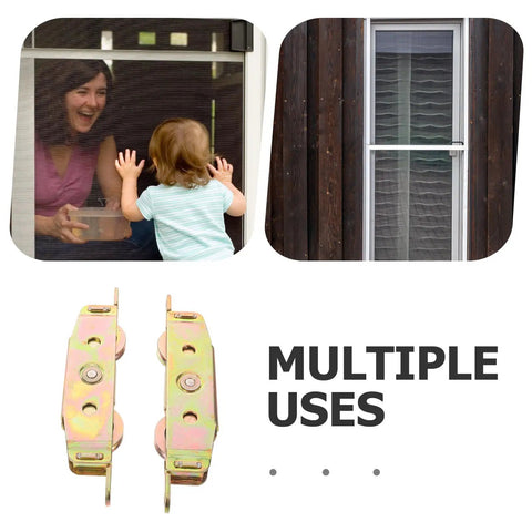 Heavy Duty Sliding Door Rollers 2 Pack Tandem Double Wheel Iron Pulley Replacement Set shown with a child and parent.
