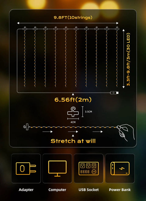Diagram showing 300 LED Curtain String Lights 9.8 Ft By 9.8 Ft Warm White USB Powered with 8 Modes and installation options.