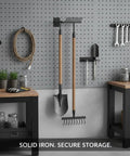 Heavy Duty Iron Wall Mount Tool Rack For Shovels And Rakes on a garage wall with tools, space saving organizer.