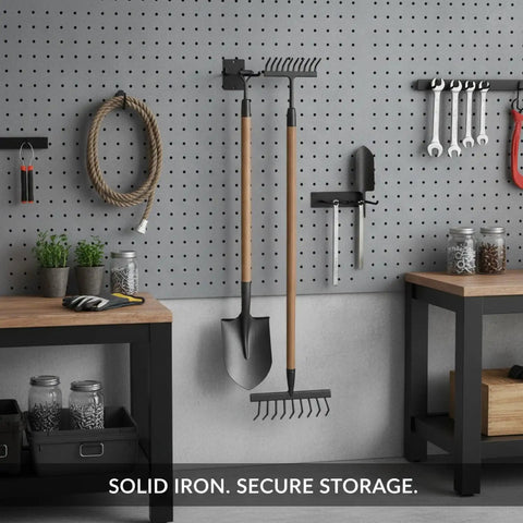 Heavy Duty Iron Wall Mount Tool Rack For Shovels And Rakes on a garage wall with tools, space saving organizer.