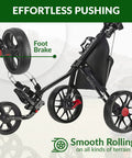 Ultra Lightweight Aluminum 3 Wheel Golf Push Cart With Quad Fold Frame focusing on EVA Wheels and Foot Brake