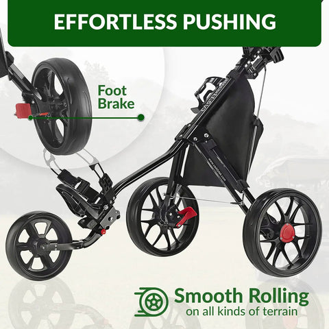 Ultra Lightweight Aluminum 3 Wheel Golf Push Cart With Quad Fold Frame focusing on EVA Wheels and Foot Brake