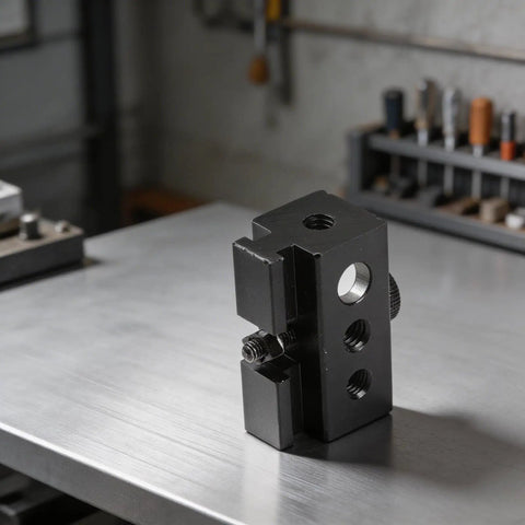 Heavy Duty Black Aluminum Igt Table Track Slider Clamp Mount With Triple Sized Ports for outdoor lighting setup, shown on a metal surface.