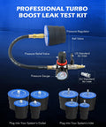Turbo boost leak tester kit with pressure regulator, gauge, hose, and 10 blue-capped adapters