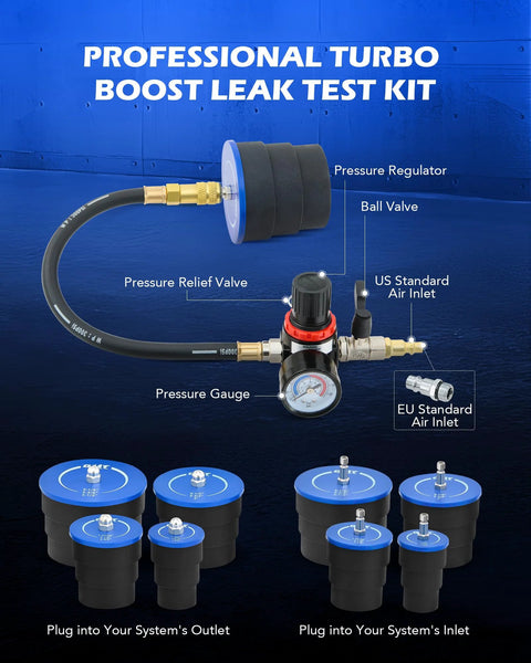 Turbo boost leak tester kit with pressure regulator, gauge, hose, and 10 blue-capped adapters