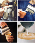 Barista Grade Stainless Steel Milk Frothing Pitcher 20oz 600ml in use for latte art and espresso machines