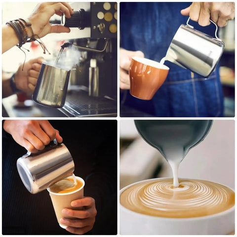 Barista Grade Stainless Steel Milk Frothing Pitcher 20oz 600ml in use for latte art and espresso machines