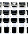 Pegboard Bins And Cups Set With Fifteen Five Inch Bins And Five Inch Cups For Garage And Workshop Organization On Standard Pegboard Panels Heavy Duty Tool Organizer Made In USA installed on pegboard