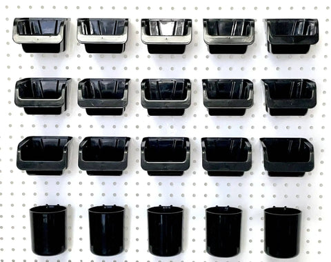 Pegboard Bins And Cups Set With Fifteen Five Inch Bins And Five Inch Cups For Garage And Workshop Organization On Standard Pegboard Panels Heavy Duty Tool Organizer Made In USA installed on pegboard