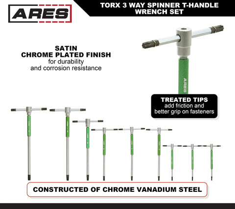 9 Piece Torx T-Handle Spinner Wrench Set With Sliding Grip And Spinning Sleeve, shown with chrome vanadium steel and treated tips.