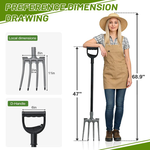 Rugged 46 Inch Garden Pitch Fork With Four Tines Heavy Duty Steel Ergonomic D Handle Anti Rust Coating dimensions with model
