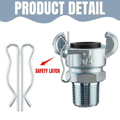 Close-up of Four Pack 3/4 Inch Chicago Style NPT Iron Air Fittings With 2 Lug Universal Couplings safety latch detail.