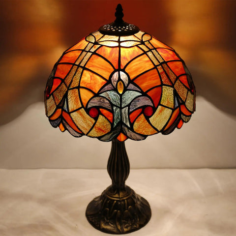 Tiffany Style Red Liaison Stained Glass Table Lamp With Antique Green Bronze Base, 12 Inch Shade And 18 Inch Tall Desk Bedside Reading Light