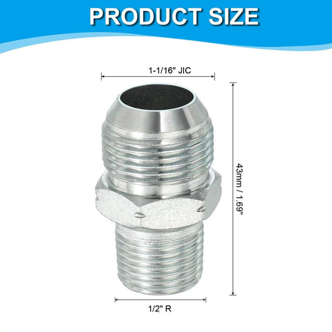1-1/16 Inch JIC Male To 1/2 Inch R Pipe Fitting Hydraulic Adapter, 74 Degree Flare, Carbon Steel, with product size dimensions