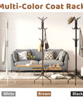 White, brown, and black freestanding coat racks with twelve hooks, standing in living room, displaying coats and hats.