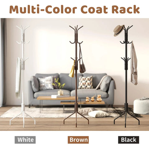 White, brown, and black freestanding coat racks with twelve hooks, standing in living room, displaying coats and hats.