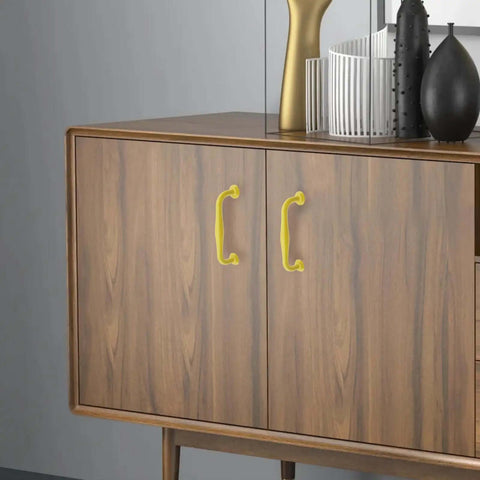 Bright Yellow Cabinet Pulls Set Of Four Heavy Duty Aluminum Alloy Handles With Reliable 3.78 Inch Hole Centers on wooden cabinet doors.