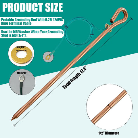 Generator Grounding Kit With 6 Foot Female Ground Cord Seventeen Inch Ground Rod And Six Point Two Foot Grounding Wire With Crocodile Clip For Electric Fences And Antennas shown with dimensions