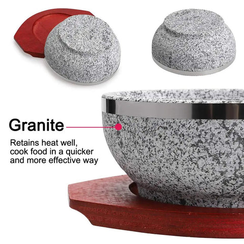 Dolsot Bibimbap Bowl 32 Oz Granite Stone Bowl With Wood Base for Korean dishes, showing heat retention properties.